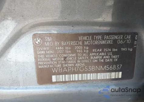 2011 BMW 328I from USA, damaged, VIN WBAPH7G53BNM56837